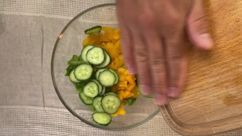 Vertical video pov process of making homemade summer fresh vegetable salad Stock Footage 244262951