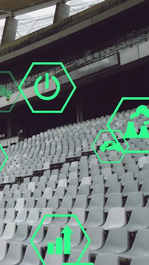 Vertical video: Power hex appearing, neon icons moving and scaling over empty Stock Footage 333577673
