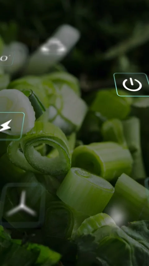 Vertical video: Power icon appearing icons animating over chopped green onions Stock Footage 334705069