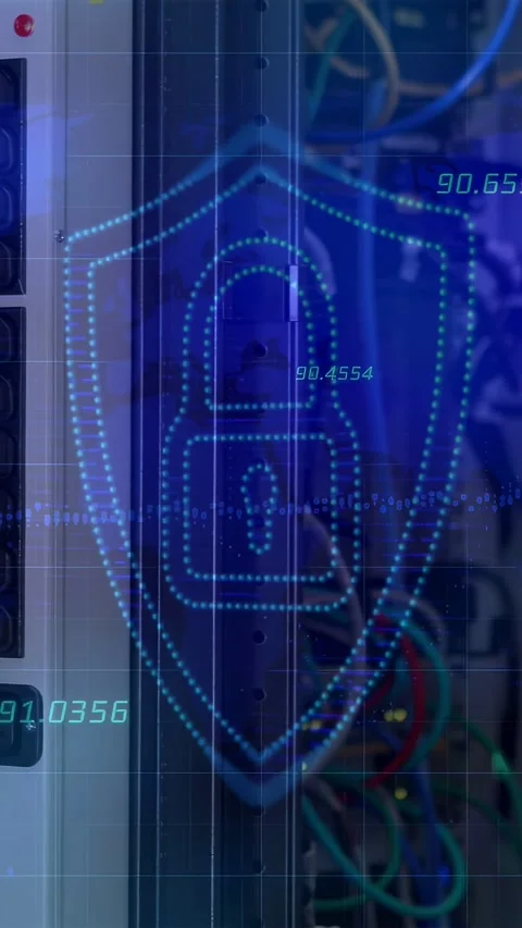 Vertical video: Power panel sending data, initiating blue HUD and shielding Stock Footage 332823216