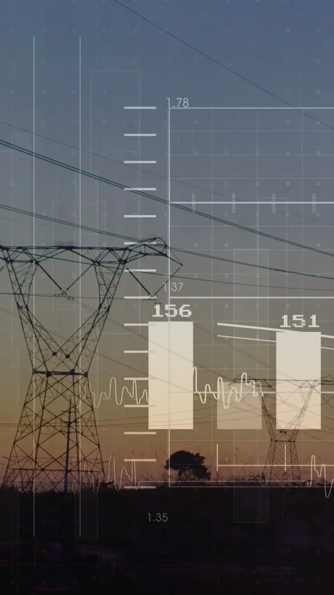 Vertical video: Power pylon at dusk, data overlays updating from feed, bars and Stock Footage 332823548