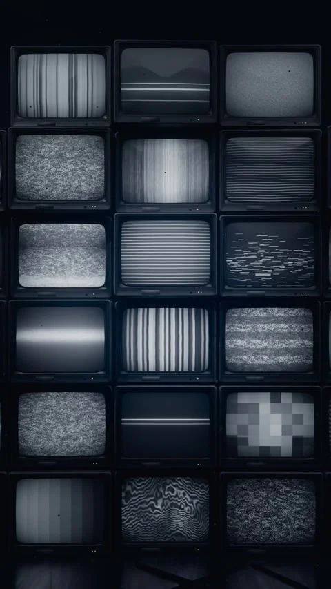 Vertical video: Powering down 24-CRT grid dimming test patterns in dark gallery Stock Footage 348244083