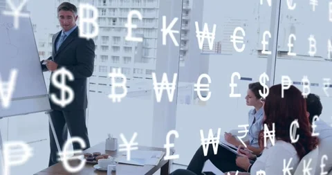 Vertical video: Presenter presenting finance at easel, causing floating icons Stock Footage 331169174