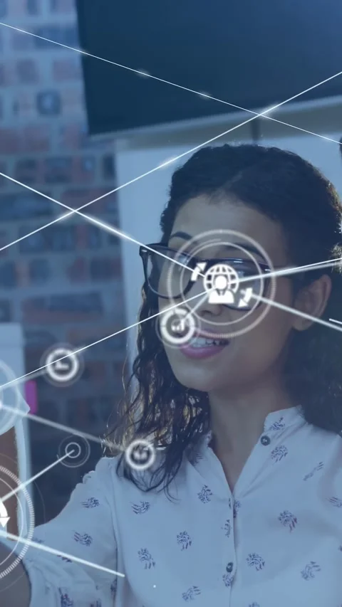 Vertical video: Presenter speaking, causing icon expanding into network over Stock Footage 330395079