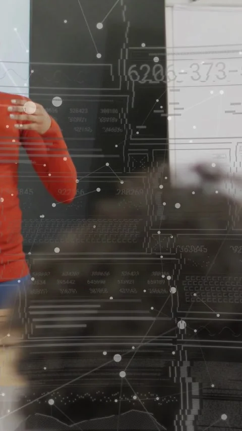 Vertical video: Presenter stepping in and explaining schematic HUD reacting, Stock-Footage 334605097