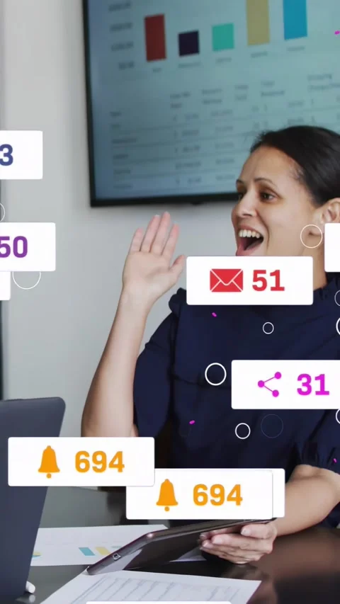 Vertical video: Presenter with tablet on business update, alerts flying over Stock Footage 334550130
