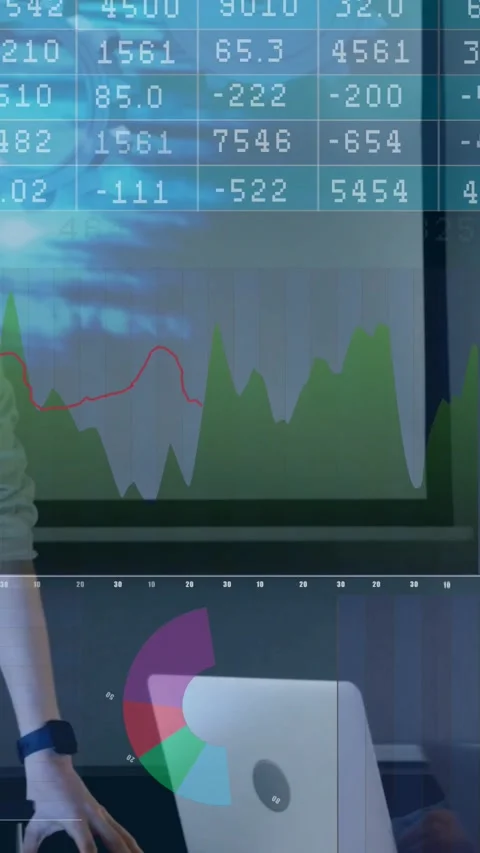 Vertical video: Presenter tapping PC in business meeting to update charts, team Stock Footage 331009294
