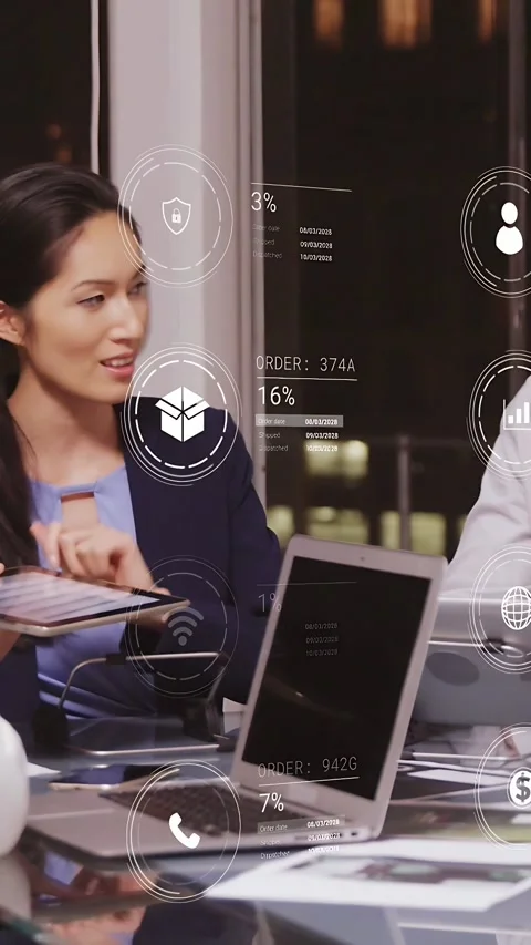 Vertical video: Presenter tapping tablet, showing business metrics, AR icons Stock Footage 333978027