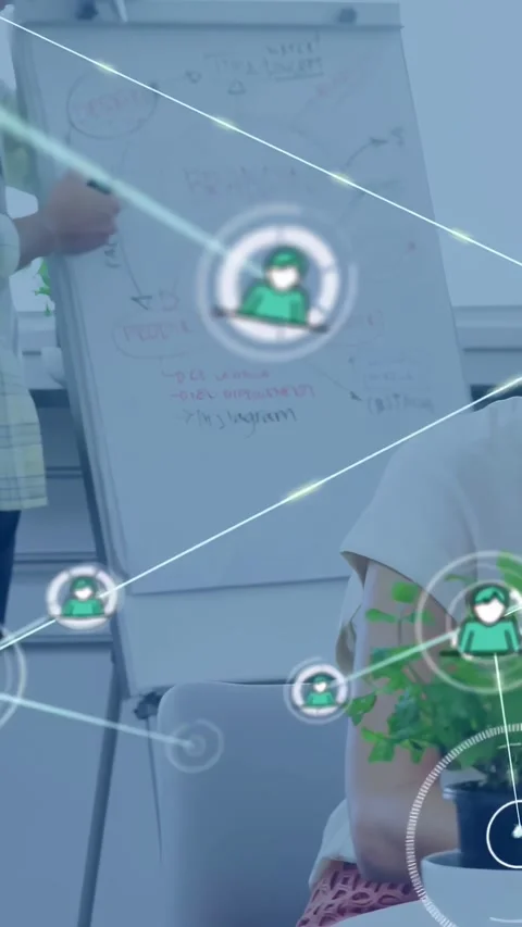 Vertical video: Presenter writing chart making network overlay linking nodes and Stock Footage 332278071
