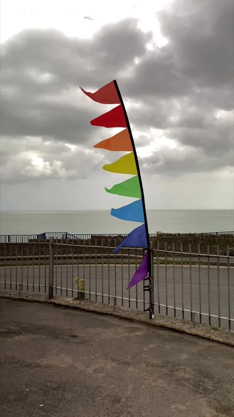 Vertical video of a pride flag with the sea behind Stock Footage 158820047
