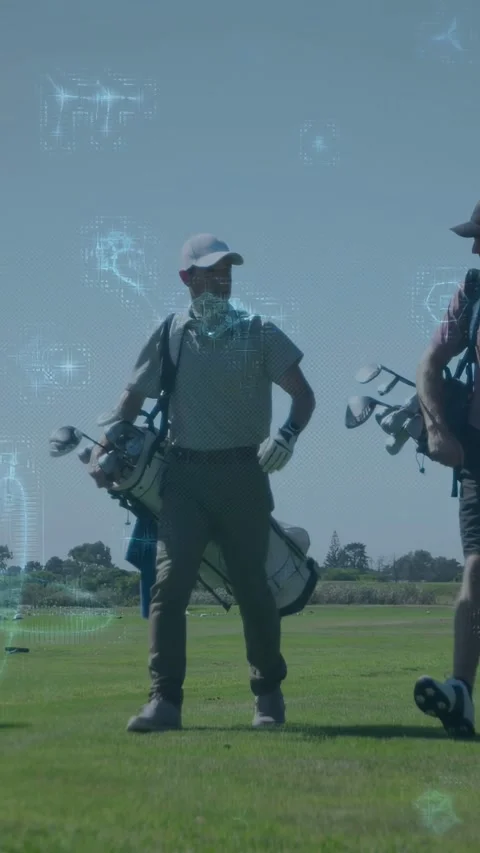 Vertical video: Primary golfer walking initiating blue holo shapes highlighting Video stock 333181997