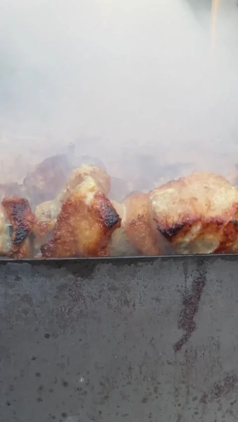 Vertical video. Process of cooking shashlik on coals with smoke Stock Footage 317587515