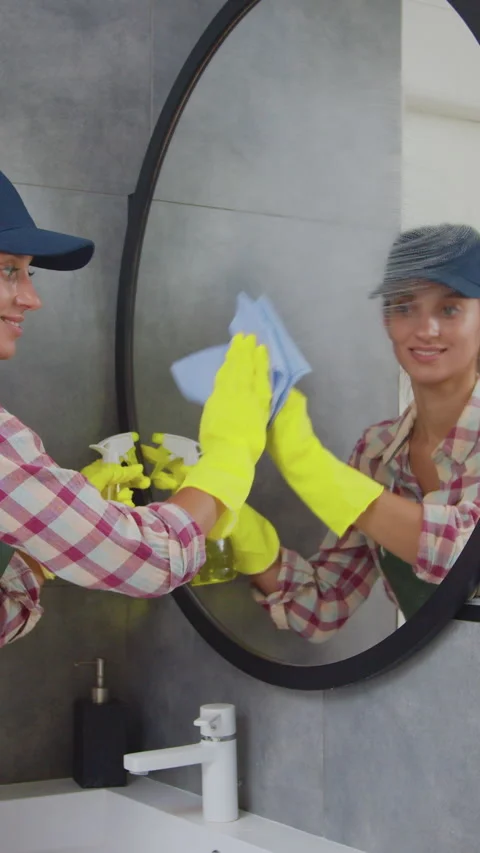 Vertical Video Professional cleaner in uniform tidying bathroom. Stock Footage 337995325