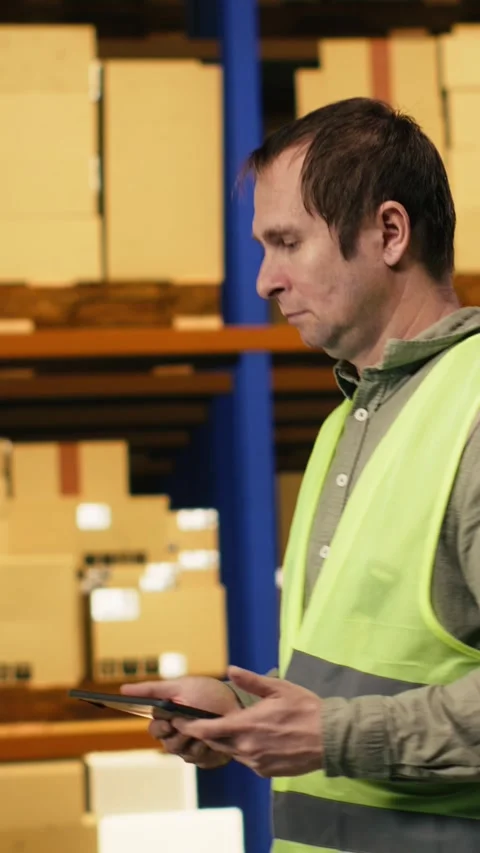 Vertical Video Professional staff member reviewing inventory data in warehouse Stock Footage 333089573