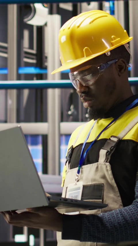 Vertical video Professional working in smart factory, testing automated systems Stock Footage 307067834