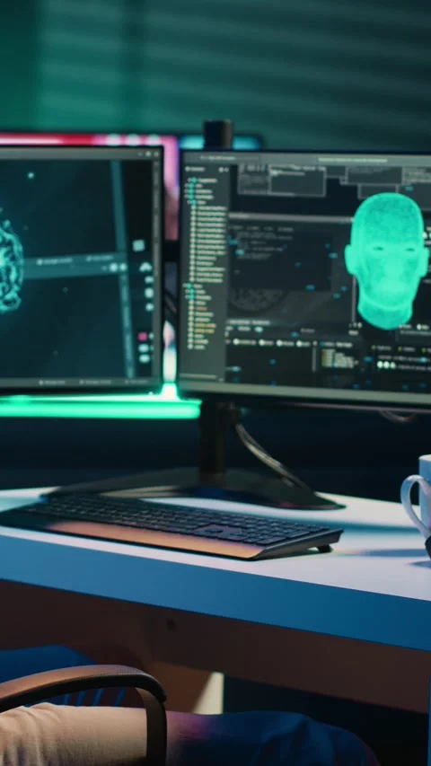 Vertical video Programmer chatting with conscious AI superintelligence having Stock Footage 266750340