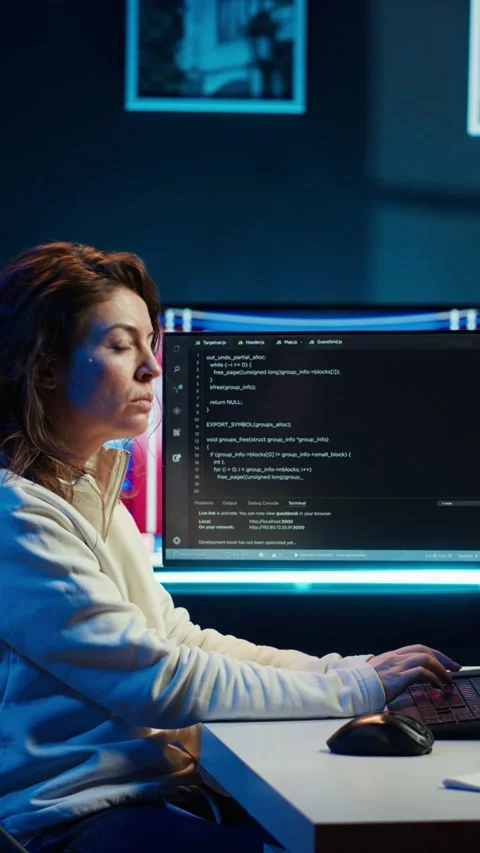 Vertical video Programmer checking code on computer monitor and AR visualization Stock Footage 283509051