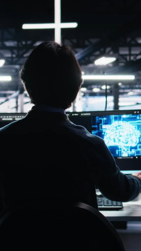 Vertical video Programmer in data center coding with generative AI assistance Stock Footage 313506613