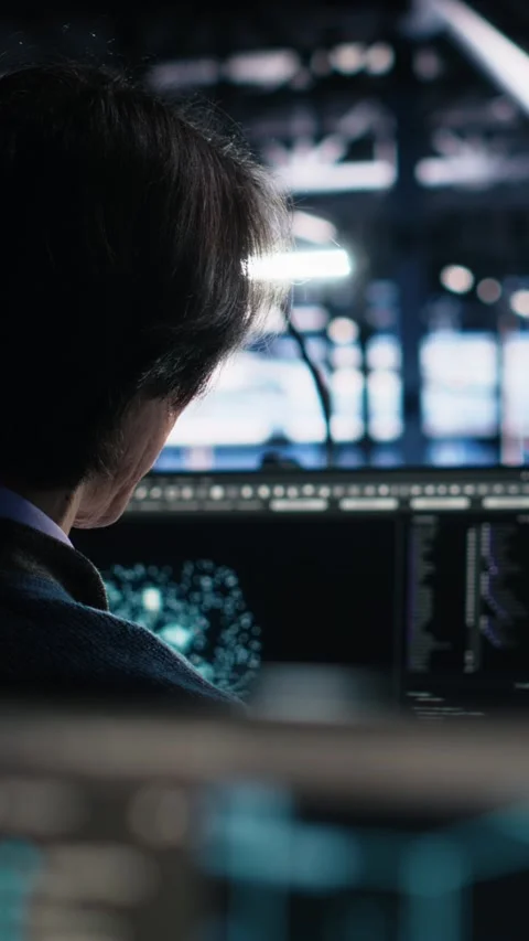 Vertical video Programmer in data center coding with generative AI assistance Stock Footage 313507547