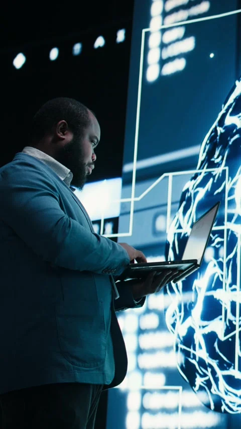 Vertical video Programmer enforces artificial intelligence neural network agent Video stock 330439818