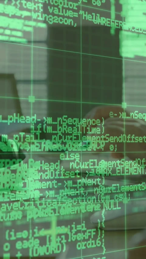 Vertical video: Programmer hands appearing and typing on keys, animating green Video stock 333577056