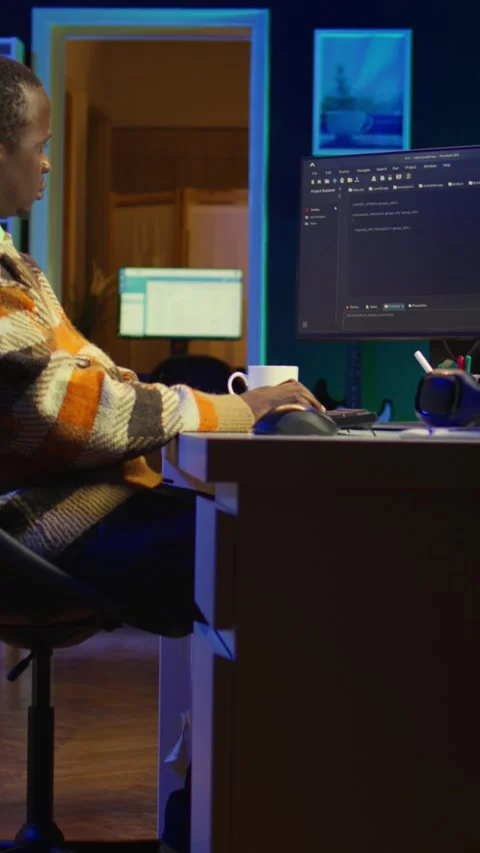 Vertical Video Programmer in home office concentrating on finding bugs while he Stock Footage 319524784