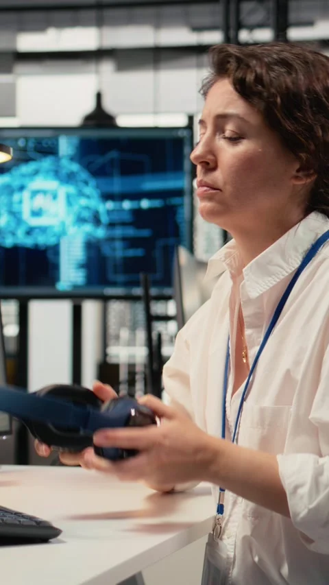 Vertical video Programmer in office listening music, automating workflows using Stock Footage 323028956