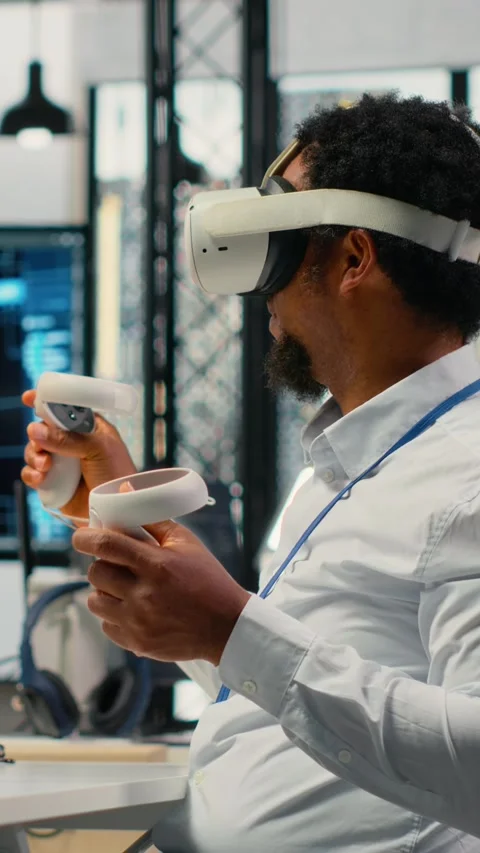 Vertical video Programmer in office using virtual reality tech to fix hacking Stock-Footage 323142280