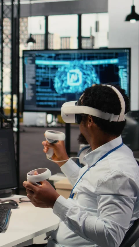 Vertical video Programmer in office using virtual reality tech to fix hacking Stock Footage 323330740