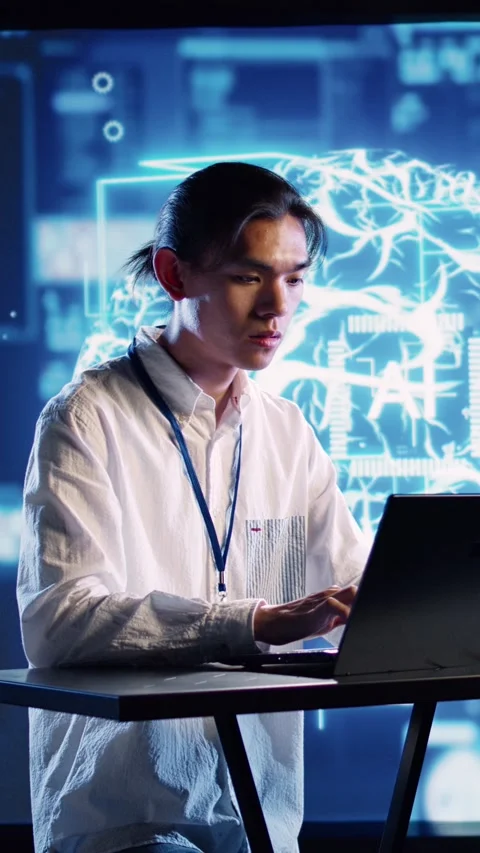 Vertical video Programmer performs AI simulations Stock Footage 249080977