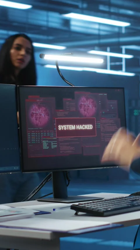 Vertical video Programmer in server hub requesting assistance during hacking Stock Footage 276138142