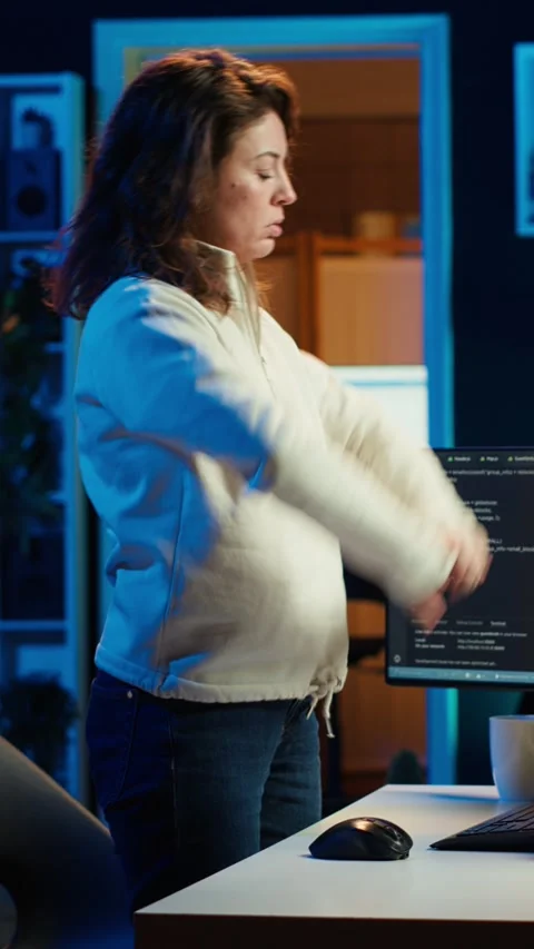 Vertical video Programmer stretches body limbs after securing company servers Stock-Footage 283508176