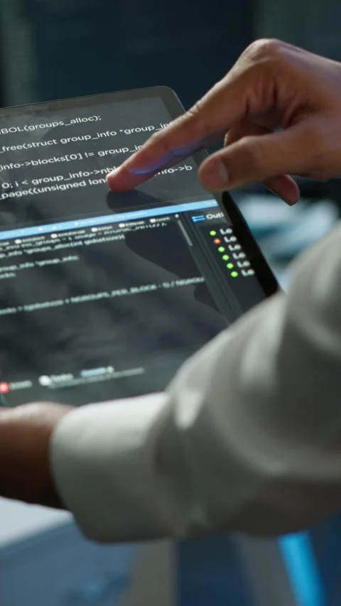 Vertical video Programmer using device in data center, close up Stock Footage 280611575