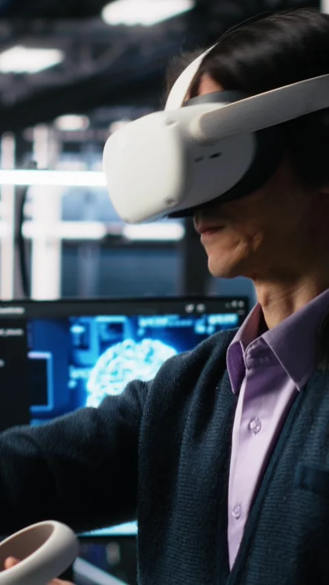 Vertical video Programmer using VR goggles in data center, coding with Stock Footage 313456881