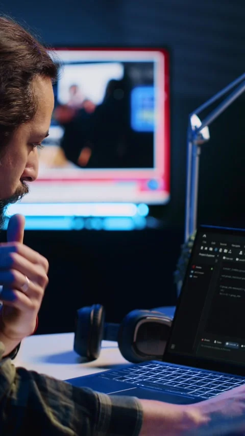 Vertical video Programmer writes code on laptop screen while in apartment office Stock Footage 263313944