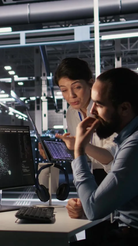 Vertical video Programmers doing brainstorming in server room, reviewing AI code Stock Footage 309256872