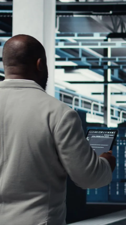 Vertical video Programmers walking in data center coding, doing optimizations Video stock 311489744