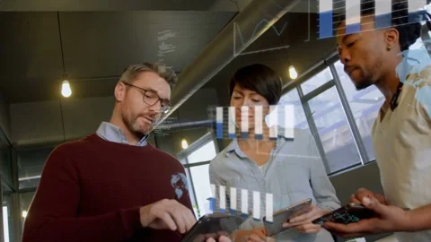 Vertical video: Project team grouping, lead tapping tablet, data overlays Stock Footage 332642435