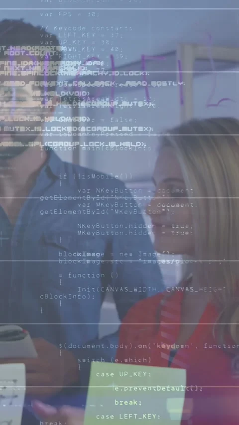 Vertical video: Project team left writing glass notes tapping tablet HUD Stock Footage 340133469