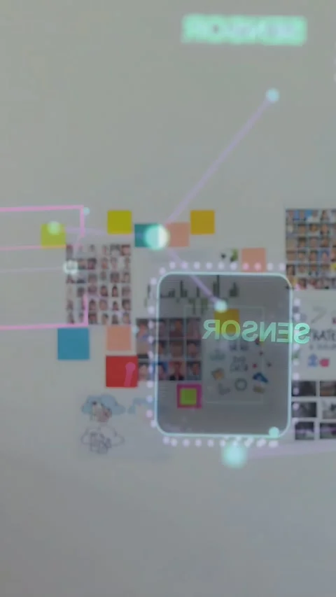 Vertical video: Projected AR UI playing on wall, man walking with laptop, Stockbeeldmateriaal 333577116