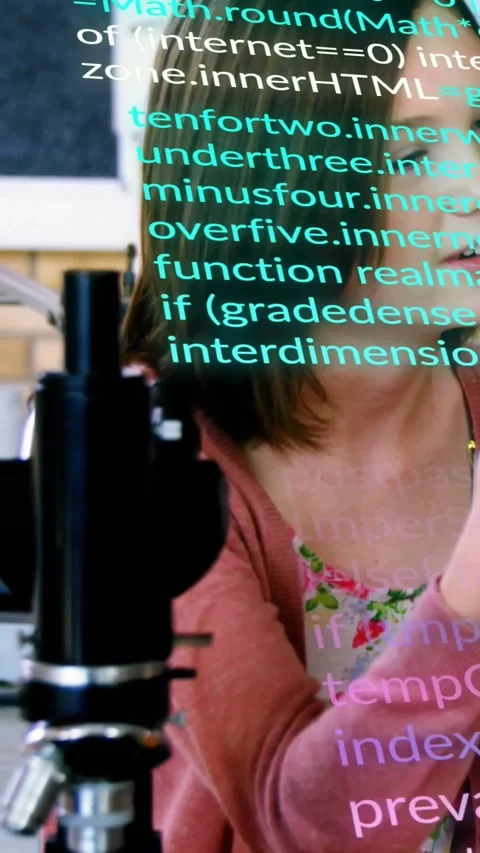 Vertical video: Projecting code overlay drawing girl to microscope, examining Stock Footage 333835862
