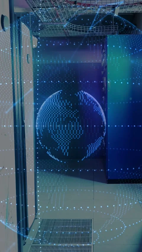 Vertical video: Projector activating blue dotted globe in tech demo bay, Stock Footage 333020637