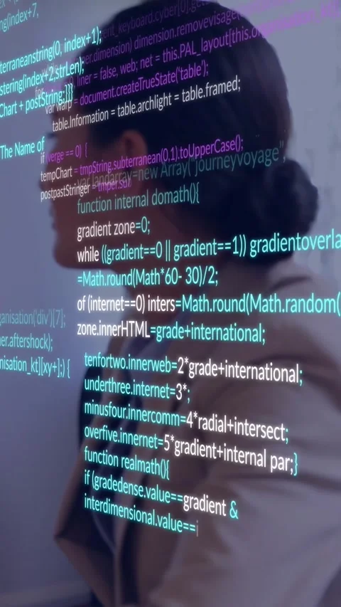 Vertical video: Projector projecting cyan purple code over woman, layering HTML, Stock Footage 334317923