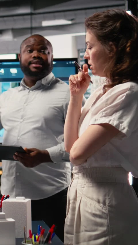 Vertical Video Property development team evaluating 3D models structural layout Stock Footage 316340672