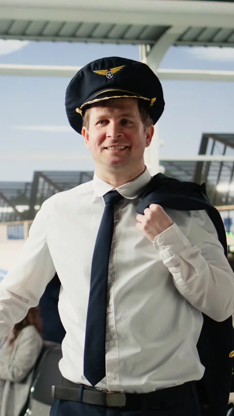 Vertical Video Proud pilot captain in aviation uniform standing near terminal Stock Footage 344372880