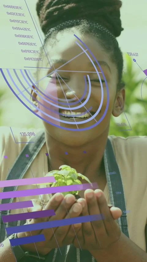 Vertical video: Pullback gardener holding sprout checking growth, pie charts Stock-Footage 333480253