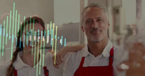 Vertical video: Pullback revealing bakery woman placing arm on man, waveforms Stock-Footage 333965476