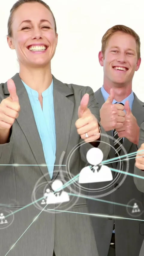Vertical video: Pullback revealing biz team giving thumbsup while icons crossing Video stock 334540869