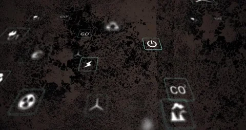Vertical video: Pullback revealing energy icons drifting, teal glow marking CO Video stock 334182209