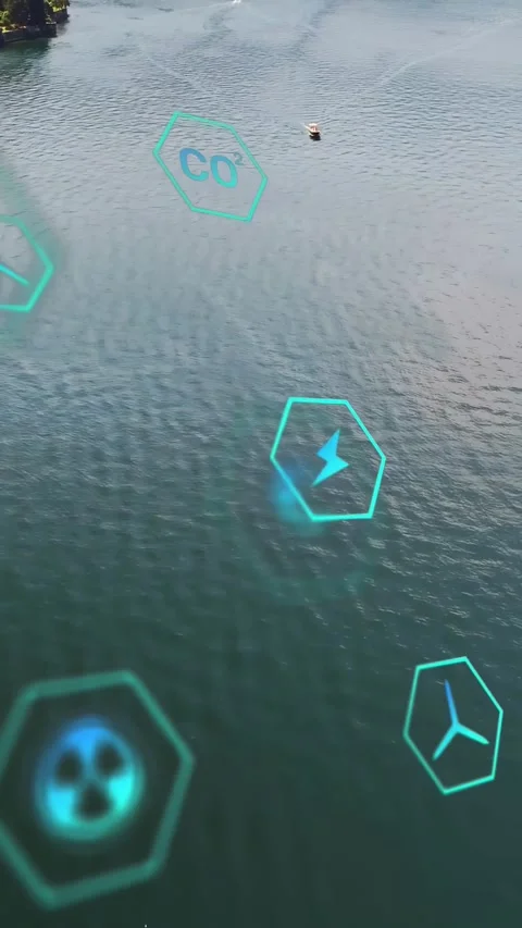 Vertical video: Pullback revealing hex holograms drifting while boat leaving Video stock 334378626